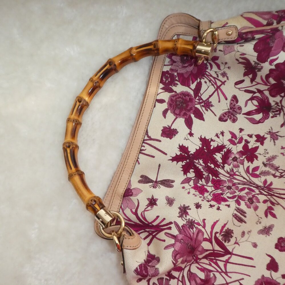 Gucci Floral Peggy Bamboo Handle Canvas Hobo Bag